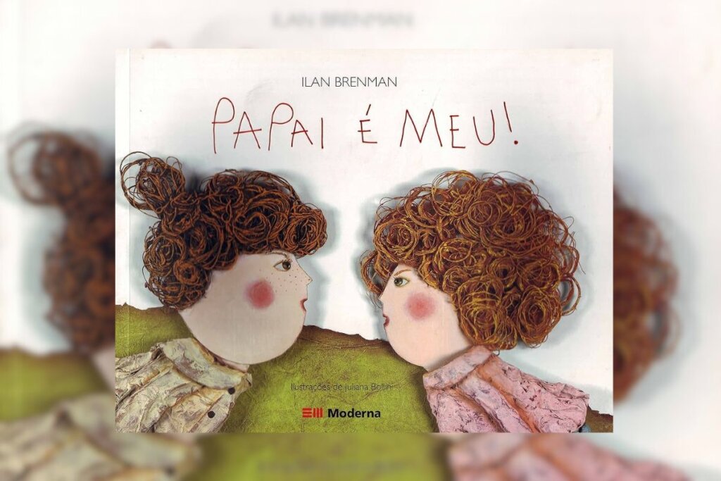 Em &#8220;O papai é meu!&#8221;, duas irmãs disputam a atenção do pai (Imagem: Reprodução digital | Editora Moderna Literatura)