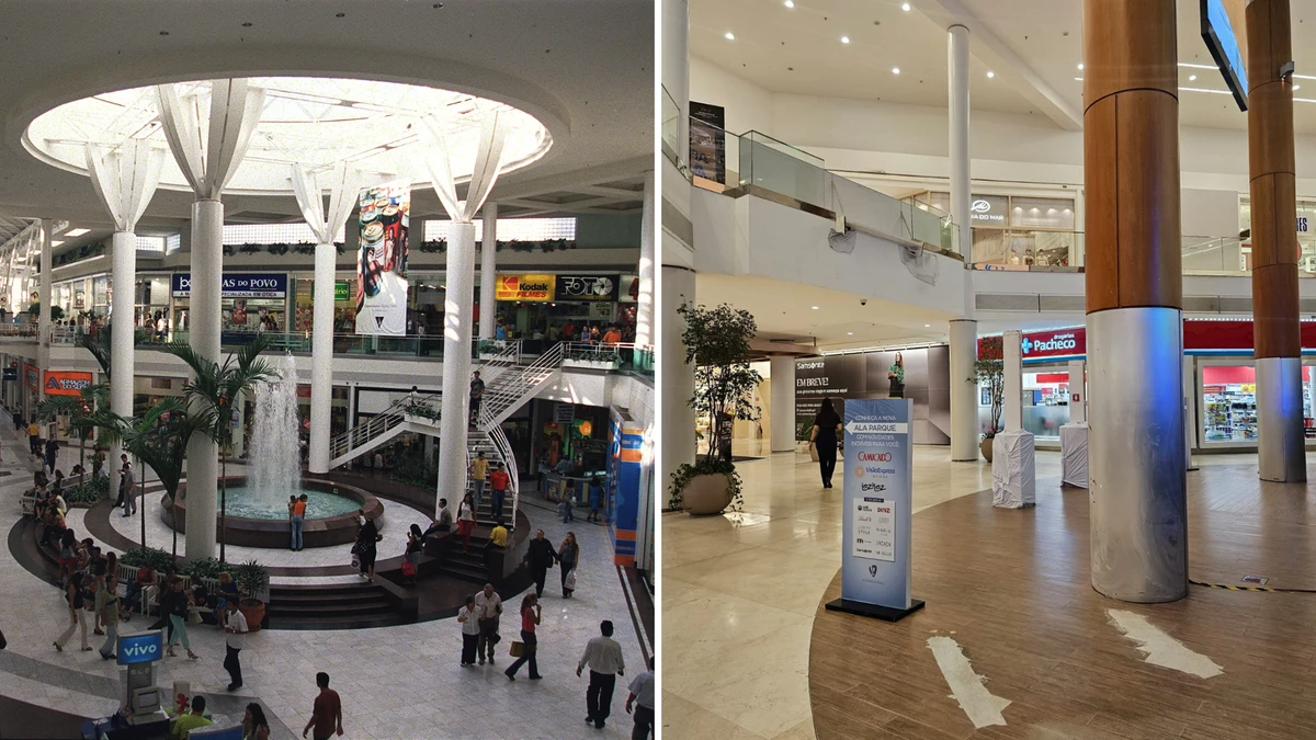 O antes e depois de praça principal do Shopping Vitória