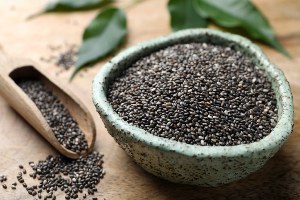 As sementes de chia são fonte de fibras solúveis e auxiliam na redução do colesterol alto (Imagem: New Africa | Shutterstock)