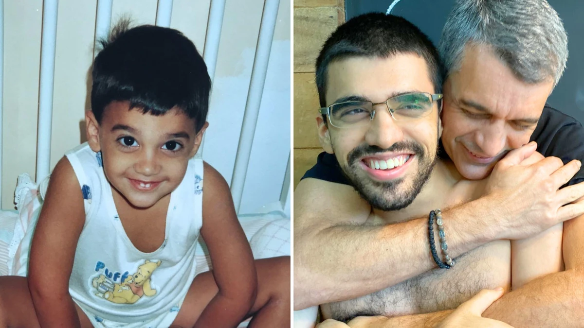 João Paulo criança e, ao lado, ele e seu pai em um momento carinhoso