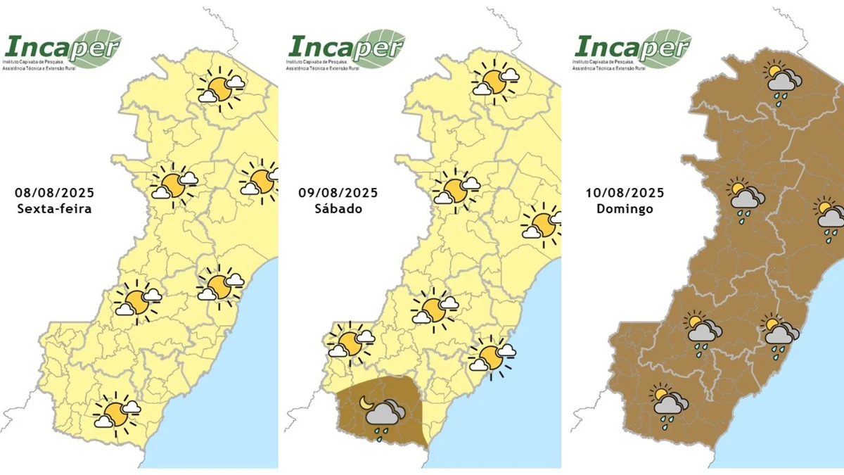 Previsão do tempo para o fim de semana, segundo o Incaper
