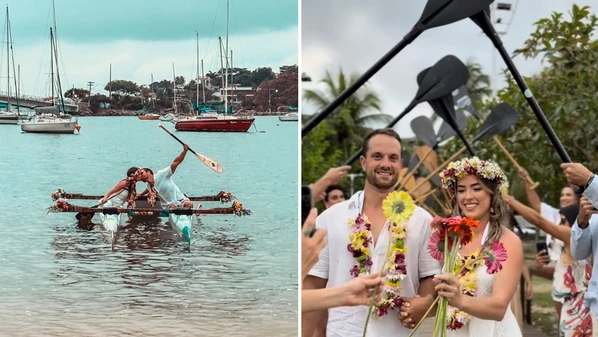Capixabas escolhem noite de lua cheia e local nada convencional para realizar cerimônia de casamento, que contou com remos erguidos e luau