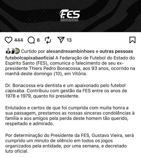 A nota de pesar da Federação de Futebol (FES)