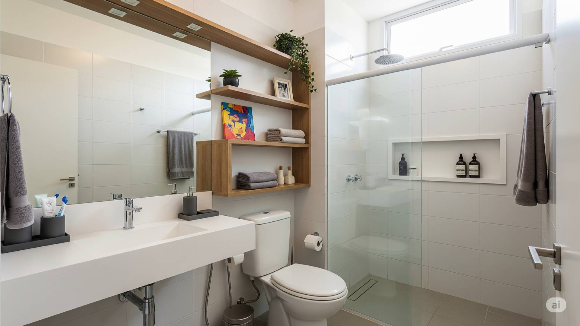 Prateleiras, espelhos e organizadores inteligentes transformam banheiros pequenos em ambientes funcionais e visualmente amplos. Crédito: Gerada po IA