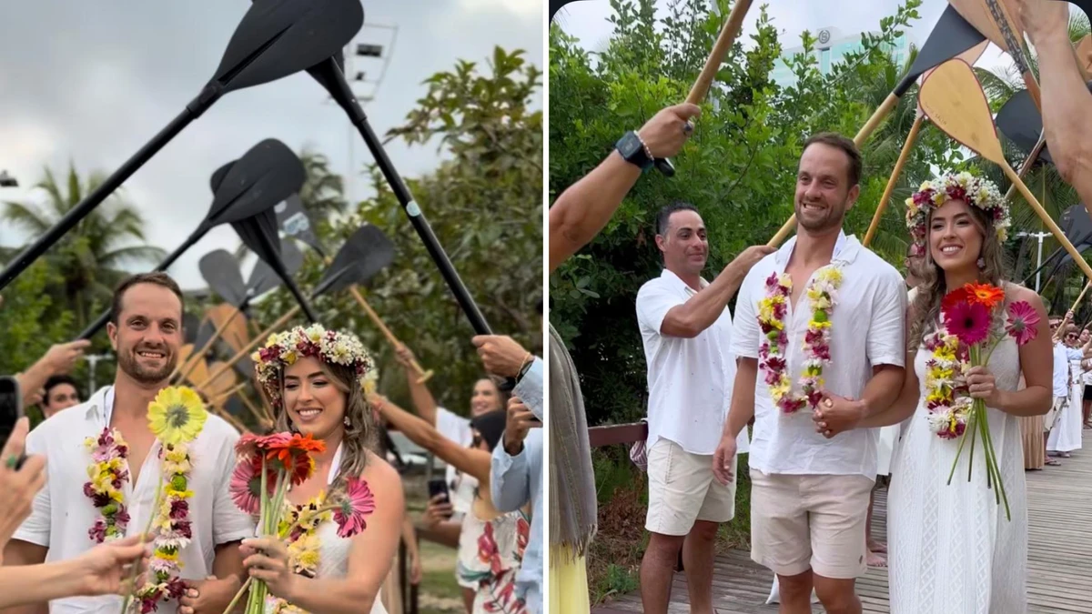 Um dos momentos mais marcantes foi a entrada dos noivos sob um “teto de água” formado por remos erguidos