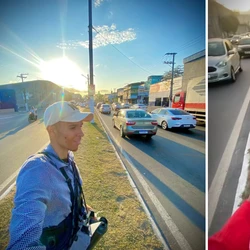 Ex-comerciante, vendedor aposta na boa-fé alheia para vender a bebida a cada intervalo de um minuto em um semáforo da Avenida Carlos Lindenberg
