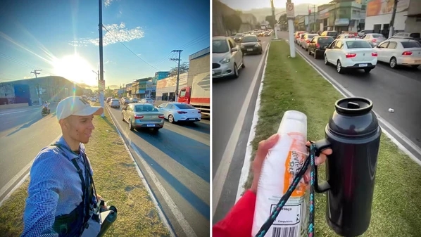 Ex-comerciante, vendedor aposta na boa-fé alheia para vender a bebida a cada intervalo de um minuto em um semáforo da Avenida Carlos Lindenberg