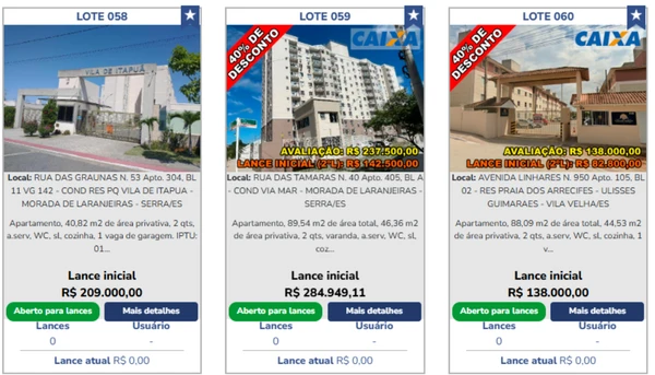 Exemplos de imóveis disponíveis para leilões no ES