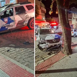 PM disse que condutor da moto fazia manobras perigosas pelas ruas e não obedeceu à ordem de parada; durante a fuga do suspeito, um carro atingiu a viatura da corporação