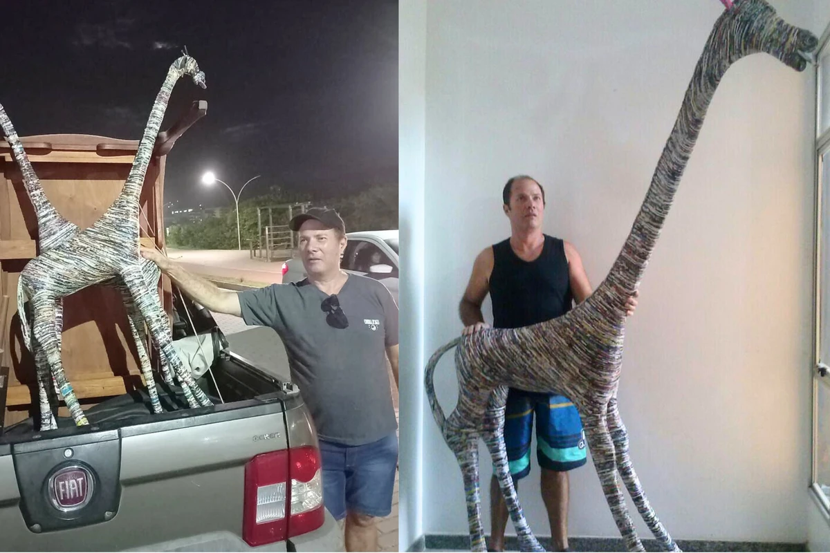 Adalton faz girafas de até dois metros de altura com trabalho de canudos