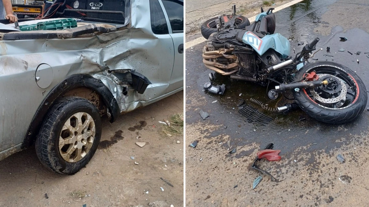 Carro e moto quebrados após acidente
