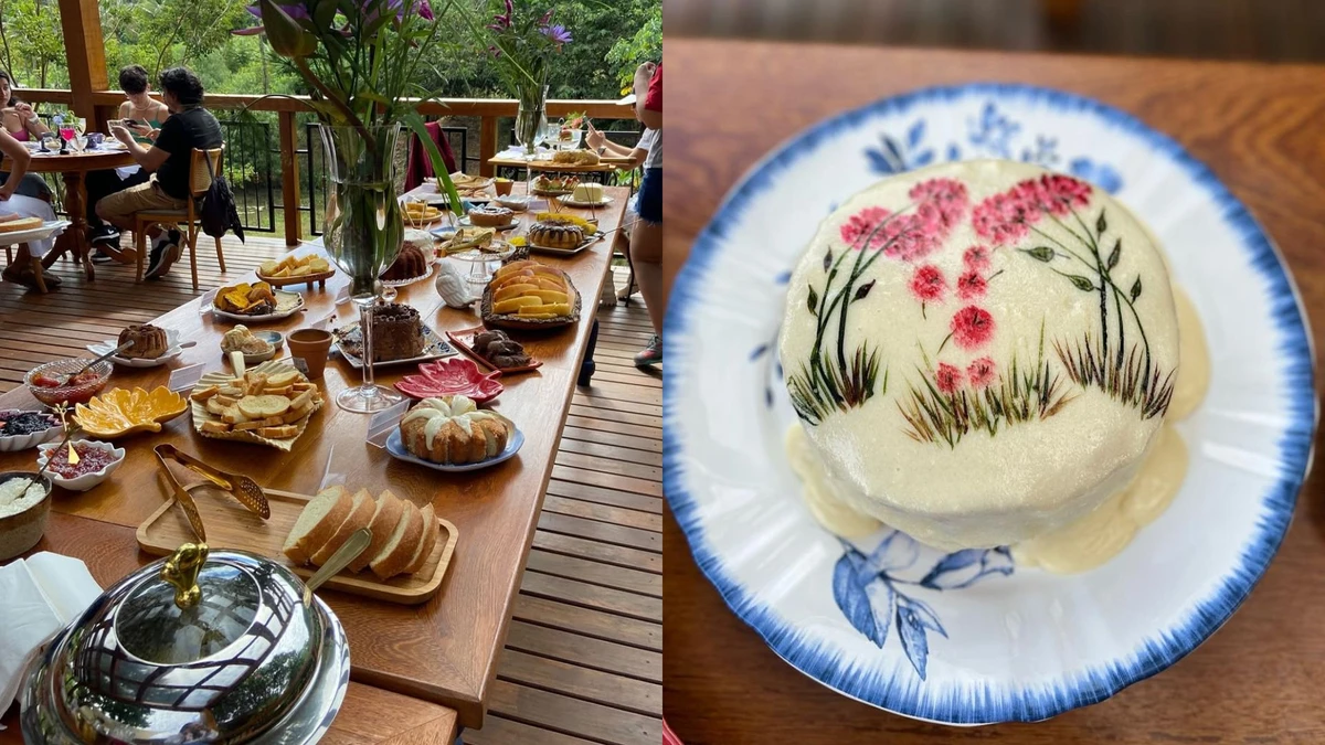 Mesa farta e bolo com pintura artística são diferenciais do Florada Café