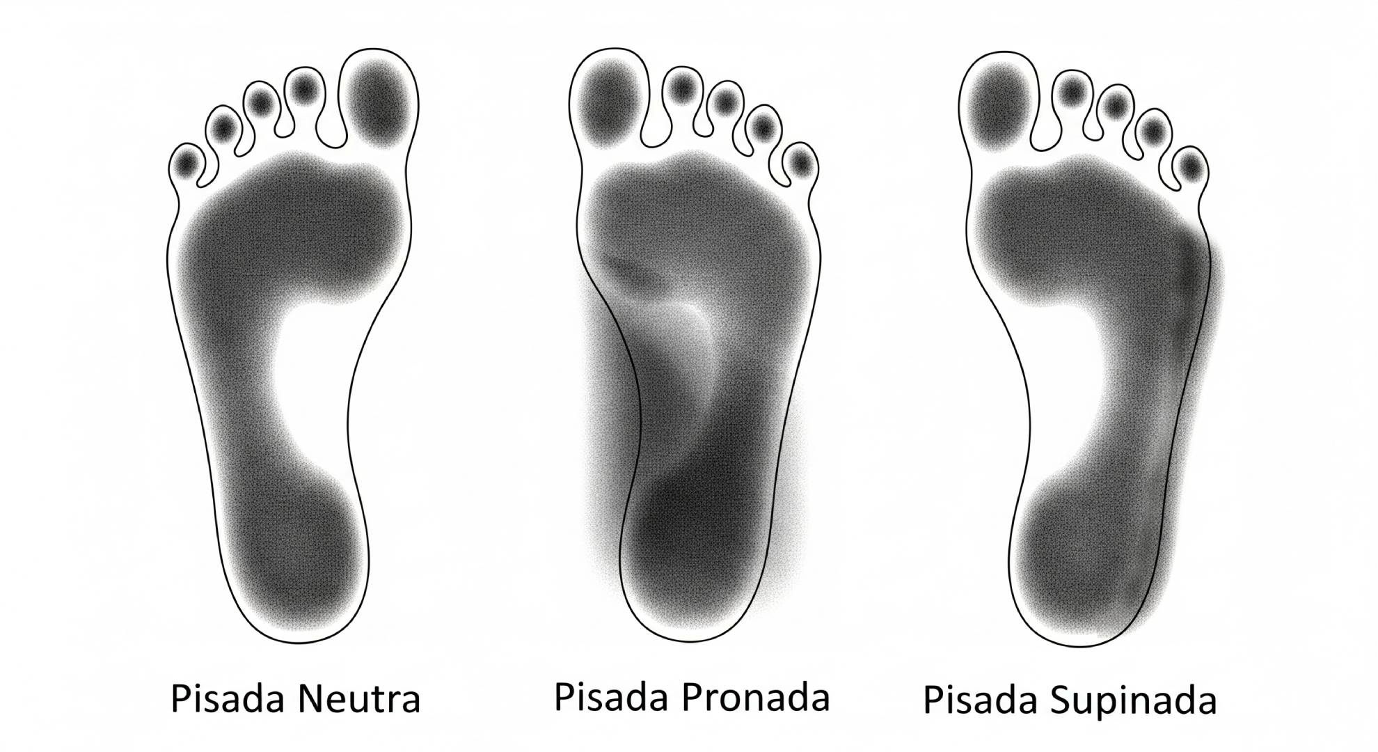 Existem três tipos principais de pisada: neutra, pronada e supinada. Crédito: Gerada por IA
