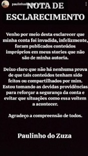 Nota do vereador Paulinho do Zuza, de São José dos Calçados, sobre vídeos pornográficos publicados em sua conta do Instagram