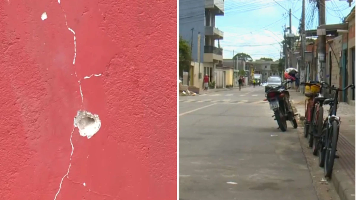 À esquerda, marca de tiro em local de ataque na Serra. À direita, rua onde crime ocorreu