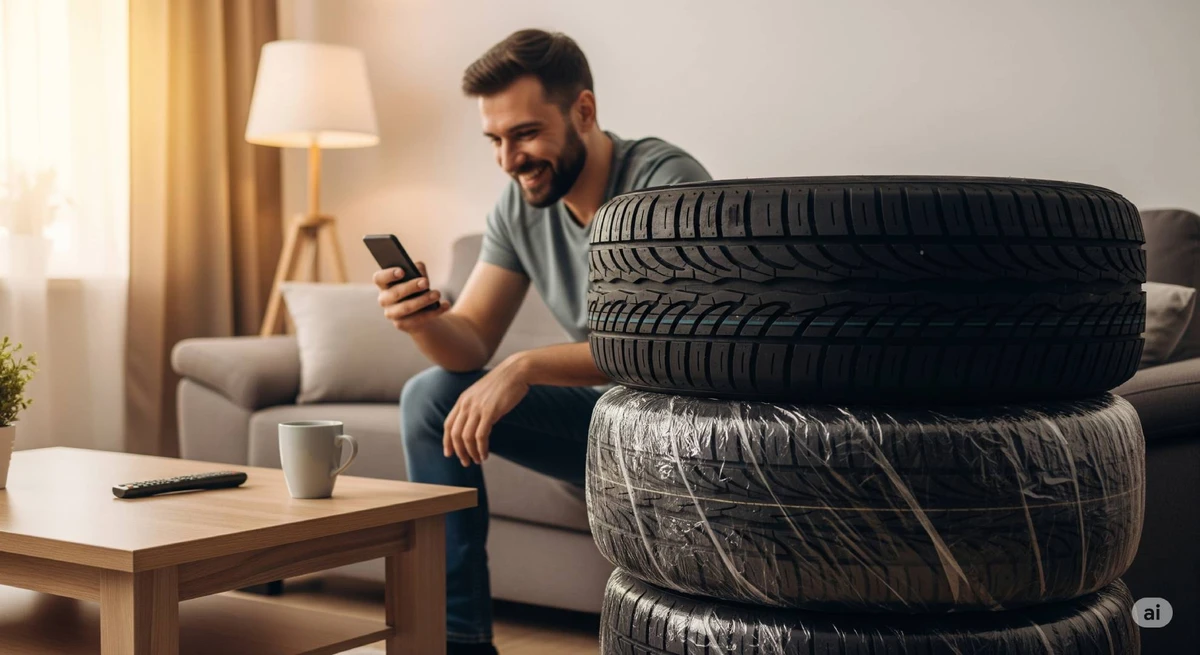 Homem compra pneu de carro online, confere no celular.