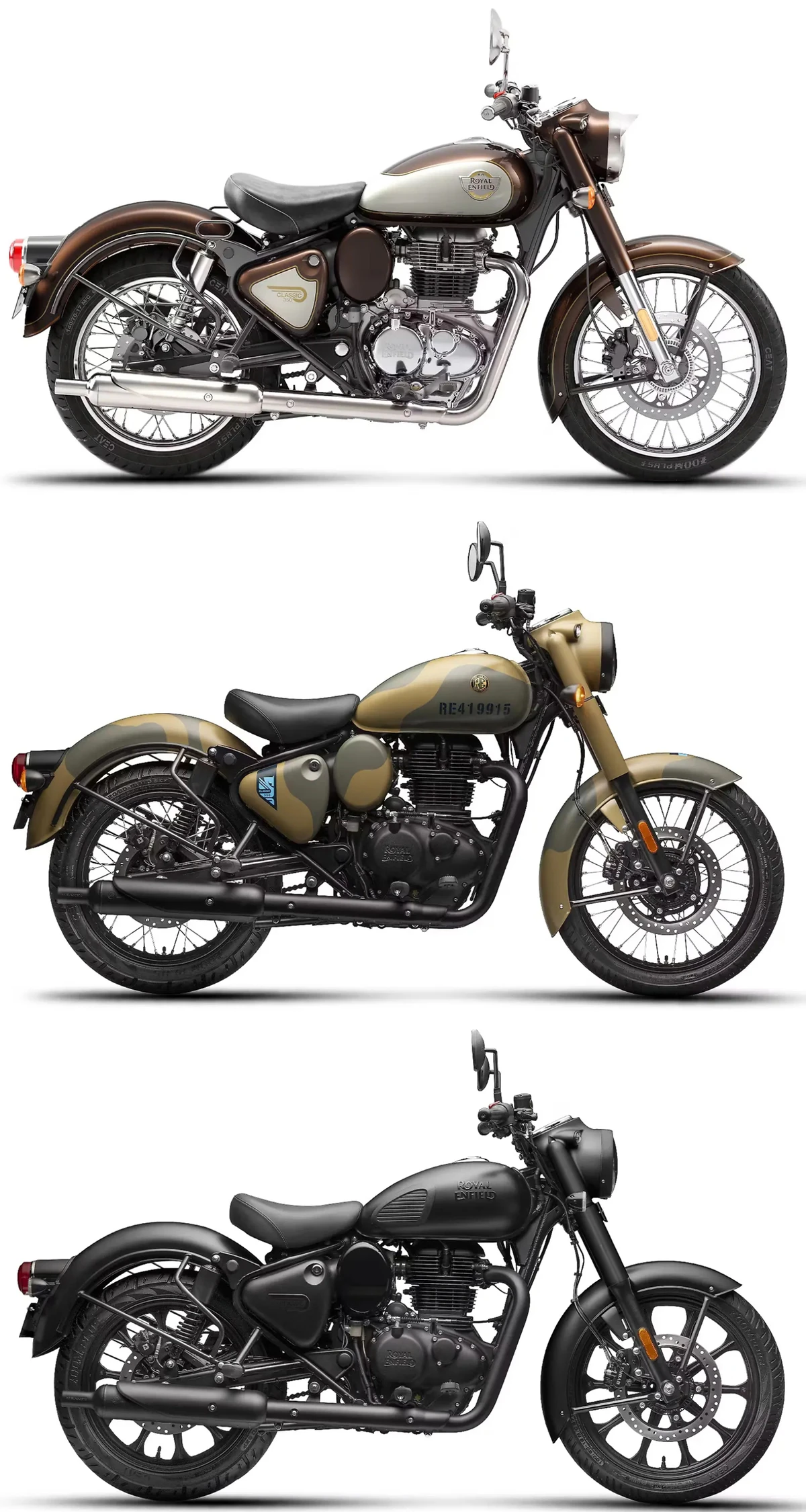  Royal Enfield Classic 350 Medallion Bronze, Classic 350 Commando Sand e Classic 350 Stealth Black