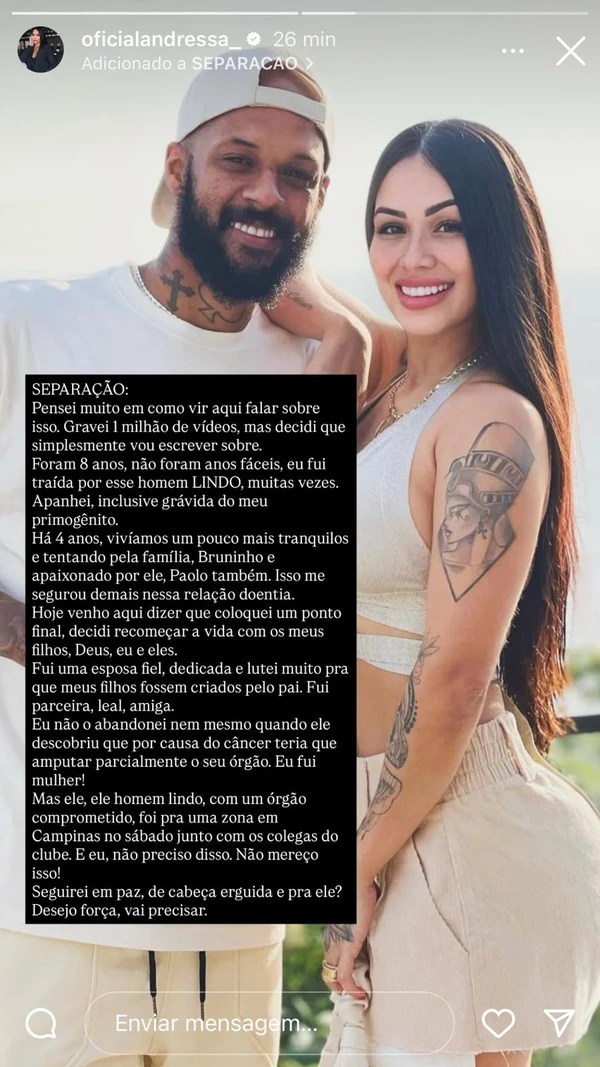 Post de Andressa nas redes sociais