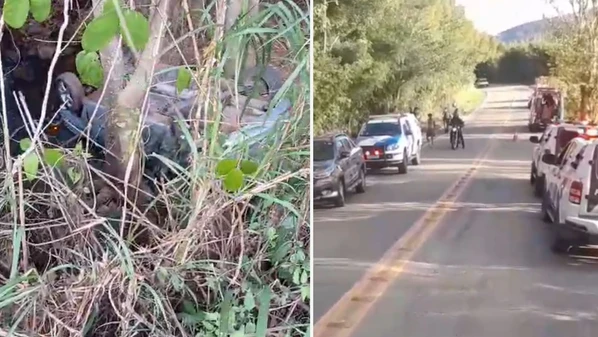 Acidente ocorreu na tarde de quarta-feira (27) após veículo bater no meio-fio e cair em córrego; vítimas foram socorridas pelo Samu e seguem internadas