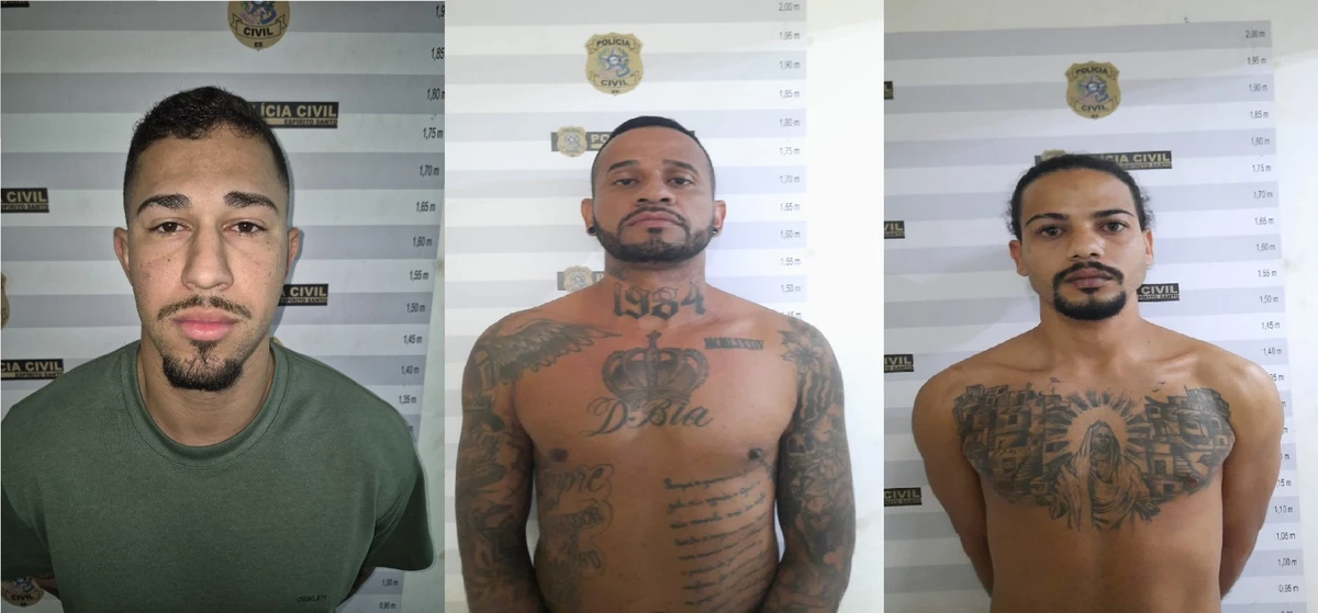 Da esquerda para direita: o comerciante Renan Rodrigues Araújo, de 26 anos; Os executores: Wesley Fortunato da Silva, vulgo “Ley”, de 41 anos, e Pedro Lucas Moreira de Lírio, de 24 anos