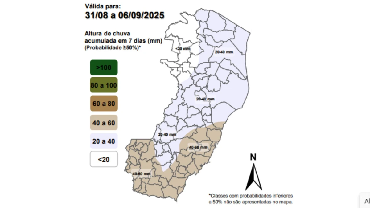 Acumulado de chuvas de 31 de agosto a 6 de setembro de 2025