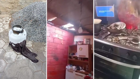 Proprietária inalou gás e precisou de atendimento após o fogo atingir botijão recém-trocado; vizinho ajudou a controlar as chamas antes da chegada do Corpo de Bombeiros