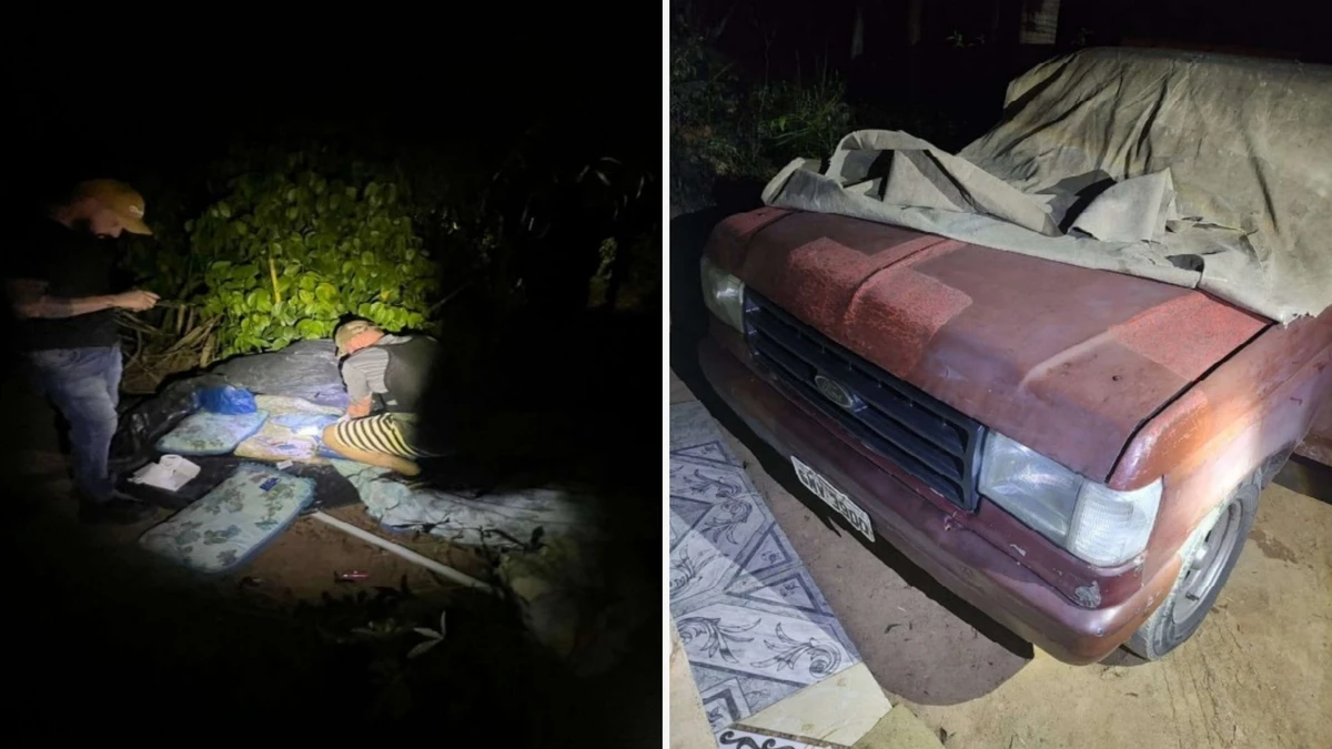 Acampamento onde Gilvano estava escondido e o carro do suspeito em Sooretama