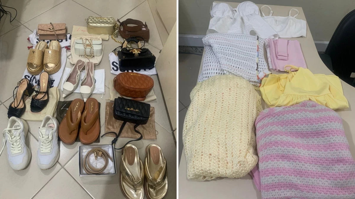 De um lado sapatos e bolsas e do outro roupas. Produtos haviam sido roubados