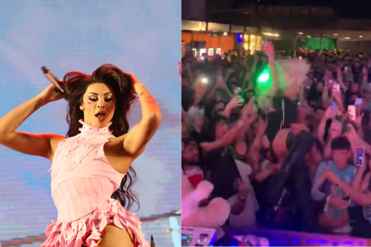A cantora Pabllo Vittar ao se arremessar de palco durante show em Goiânia, em 2025
