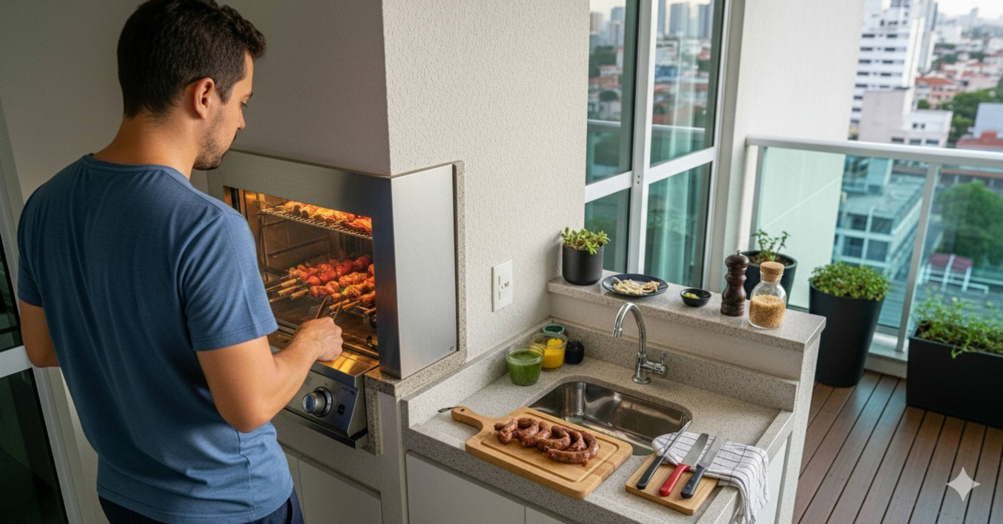 Churrasqueira elétrica em ação: como fazer churrasco em casa sem incomodar os vizinhos do prédio. Crédito: Gerado por IA