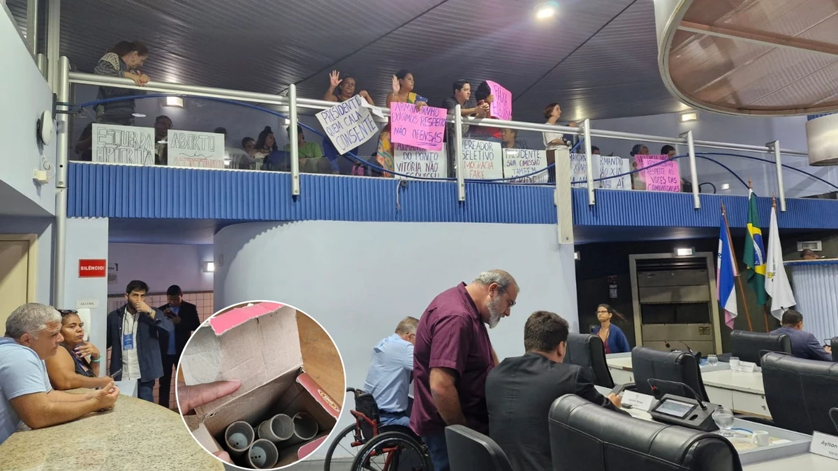 Manifestantes durante sessão na Câmara de Vitória; no detalhe, artefatos apreendidos