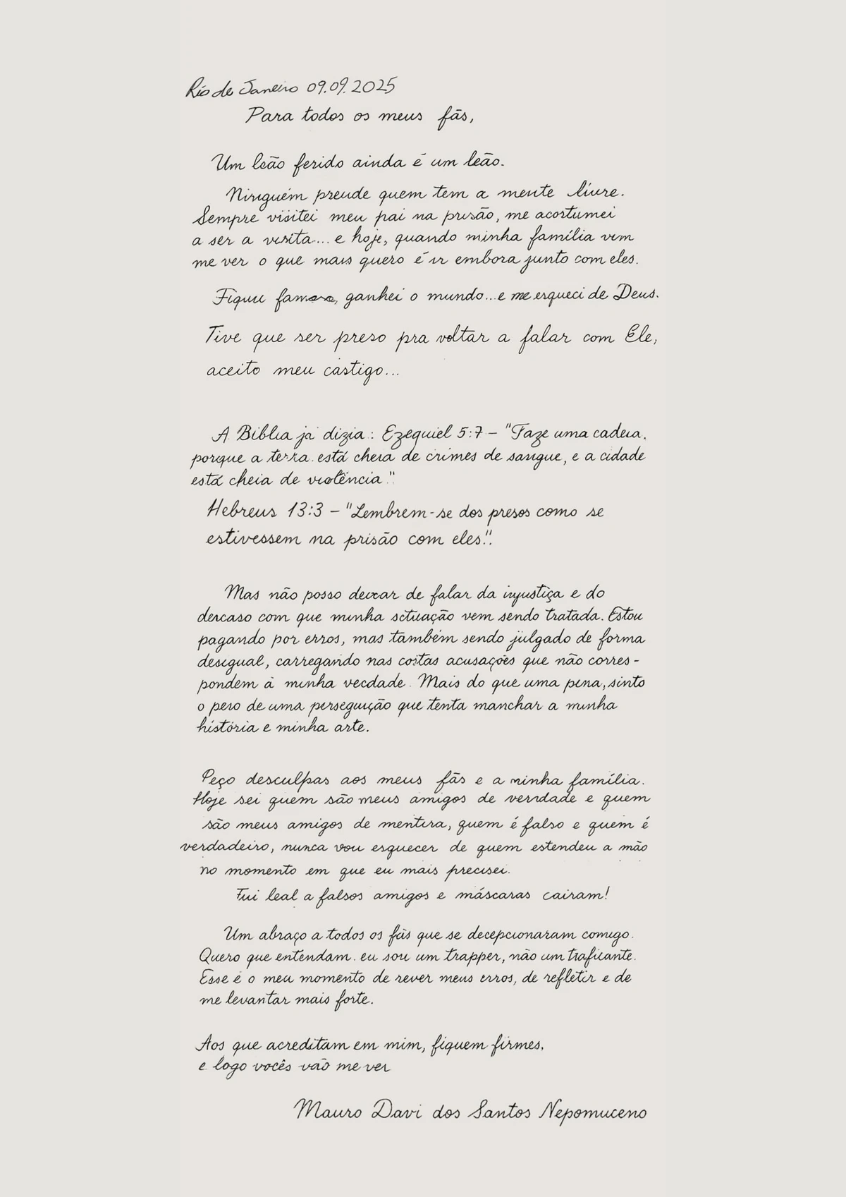 Oruam escreve carta aberta da prisão e fala sobre acusações