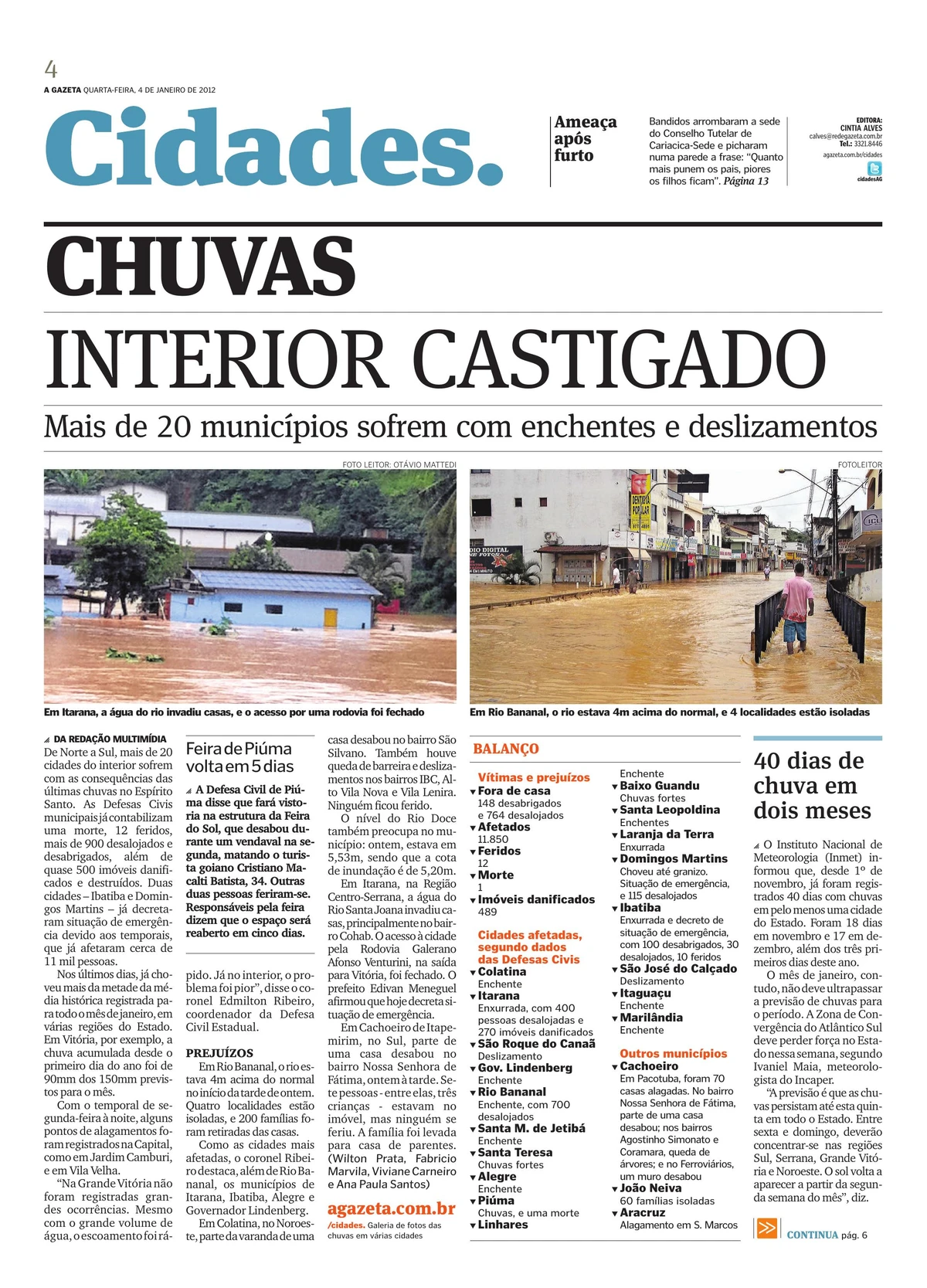 Registros de enchentes em Pacotuba, na zona rural de Cachoeiro, em A Gazeta por Arquivos de A Gazeta