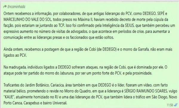 Mensagem que circulou em grupos de WhatsApp após o racha na facção PCV