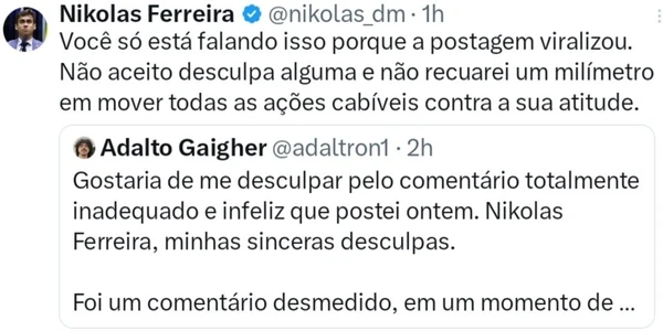 Antes da conta ser encerrada, Adalto chegou a publicar um pedido de desculpas ao deputado