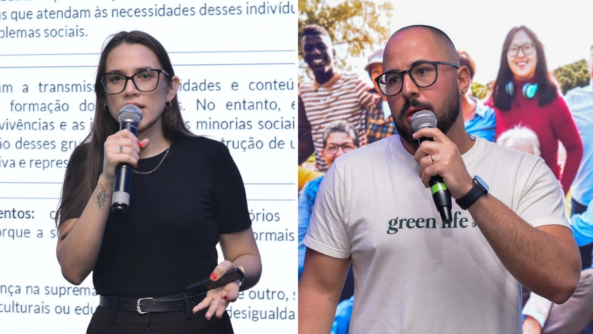 Professora de Redação Jô Kutz (Gama) e o historiador Natan Baptista, docente do Ifes, durante aulão do Enem no auditório da Rede Gazeta