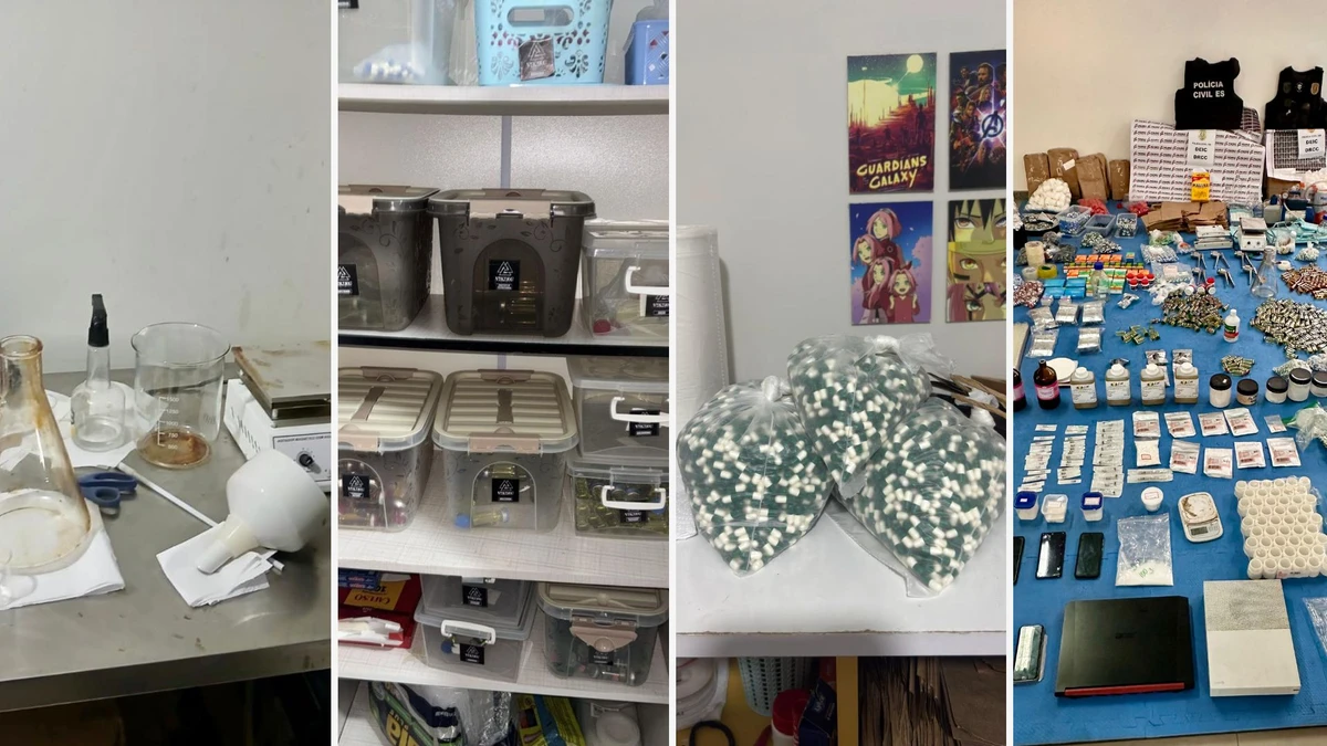 Material encontrado na casa do suspeito de fabricar anabolizantes, em Vila Velha