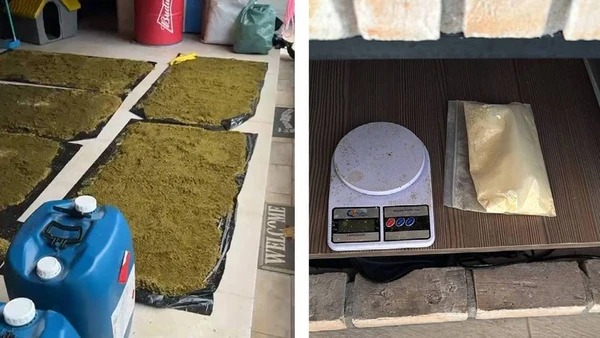 Vegetais triturados, recipientes de produtos químicos, balança de precisão e um saco plástico com nitazeno encontrados nos fundos de uma casa em Mogi das Cruzes, na região metropolitana de SP, que foi alvo de uma operação da PF