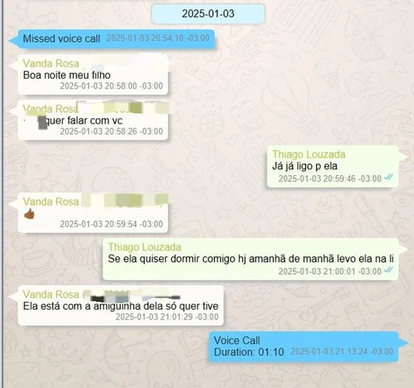 Conversa da Vanda com a vítima antes do crime, ela usando a neta pra atrair o pai para a morte