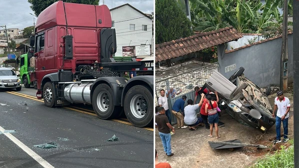 Imagens registradas por leitor de A Gazeta mostram que o carro foi arremessado para uma rua que fica às margens da rodovia federal