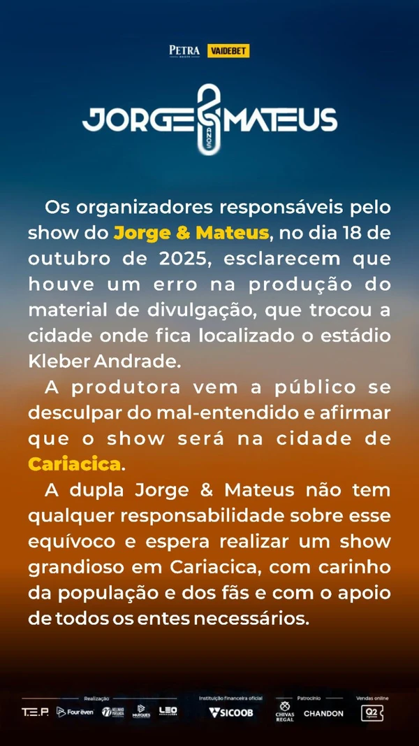 Organização se retrata e cita Cariacica em show de Jorge e Mateus