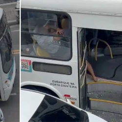 Condutor do coletivo teria fechado o carro, que tentava passar pela direita; vídeo registrou a confusão inicada logo após o incidente na manhã desta quinta-feira (18)