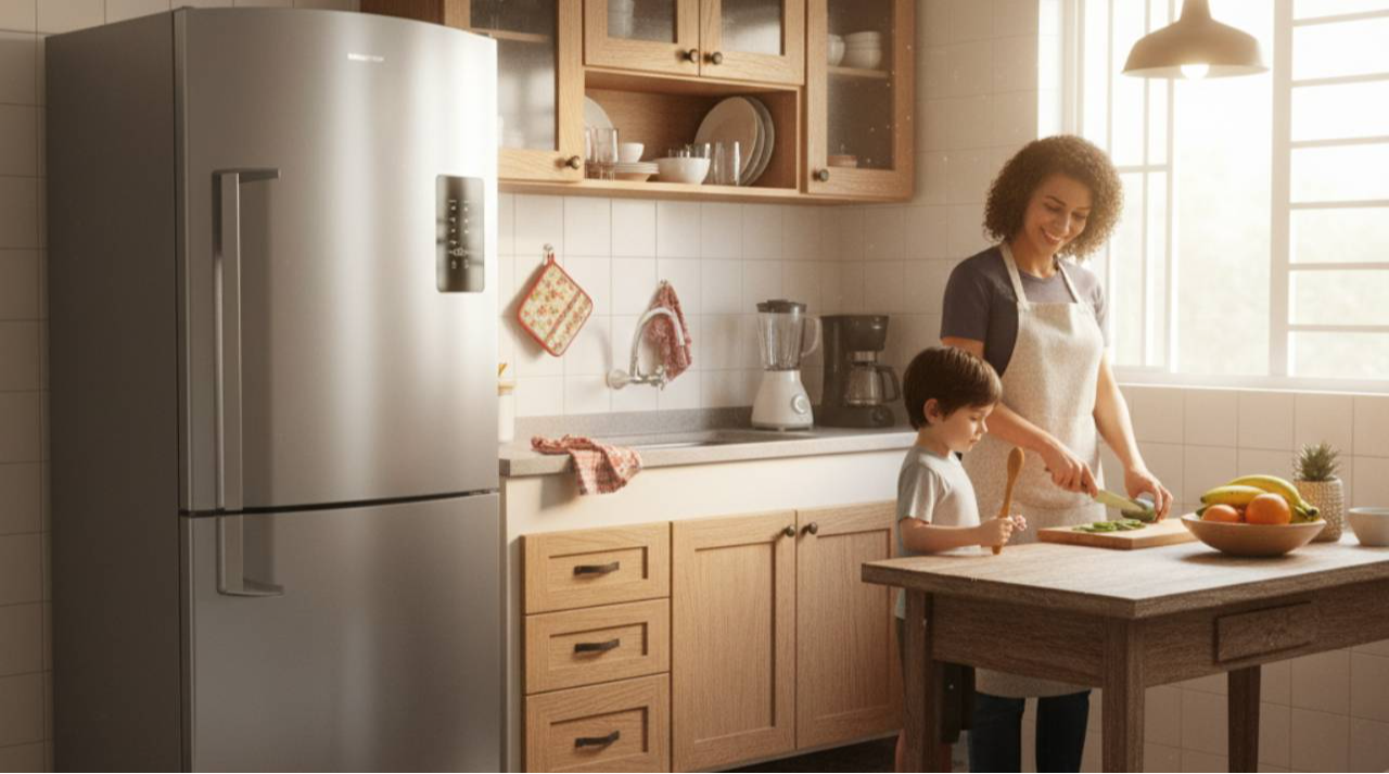 Geladeira frost free inverter facilita o dia a dia de famílias brasileiras na preparação das refeições. Crédito: Gerada por IA