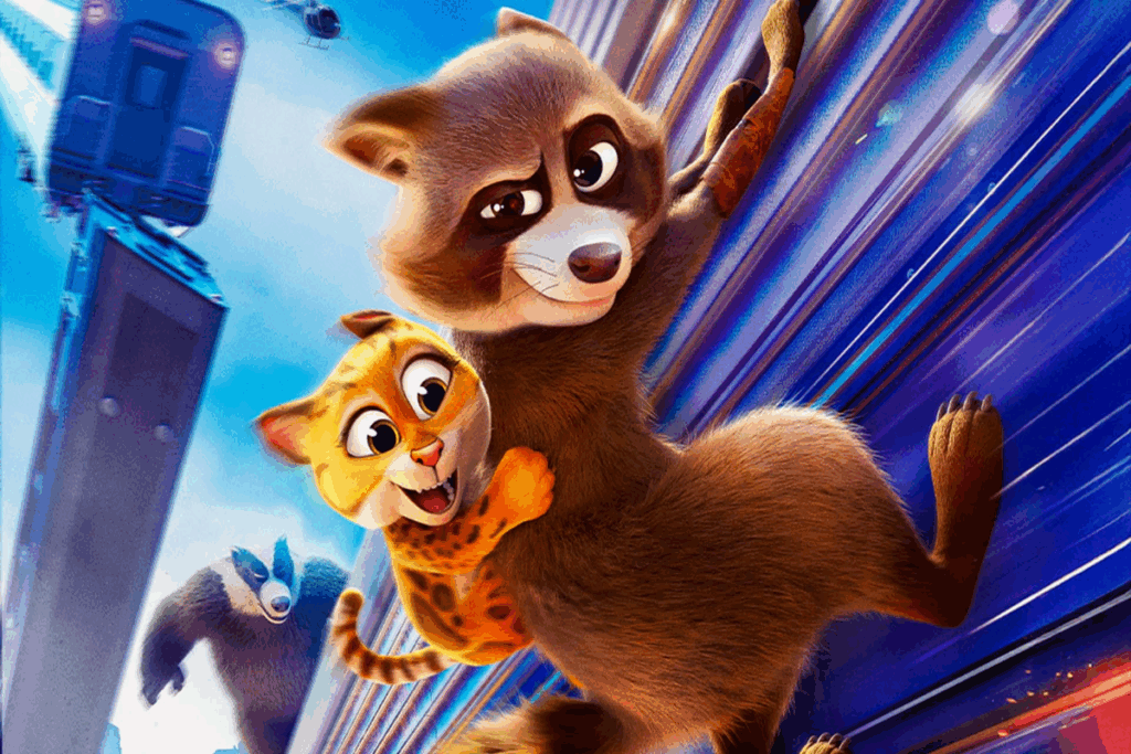 Em “Missão Pet”, o guaxinim astuto Falcon precisa liderar seus novos amigos contra o vilão Hans (Imagem: Reprodução digital | Paris Filmes)