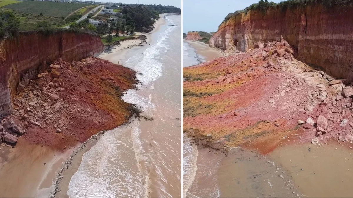 Falésias desmoronam na Praia dos Cações, em Marataízes