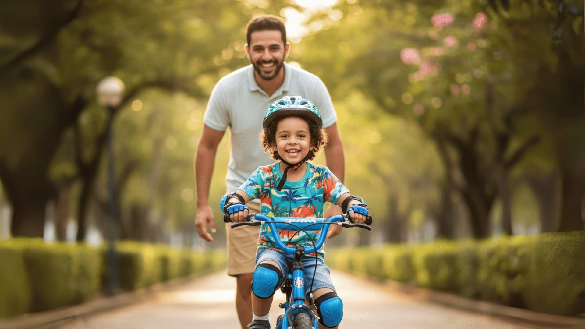 Ensinar a pedalar é mais seguro quando a bicicleta tem o aro adequado para a idade e altura da criança. Crédito: imagem gerada por IA