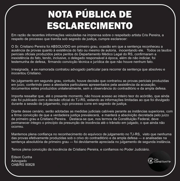 Nota de esclarecimento do humorista Cris Pereira