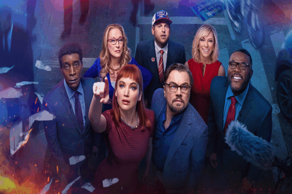 “Não olhe para cima” mistura humor e crítica social (Imagem: Reprodução digital | O2 Play e Netflix)