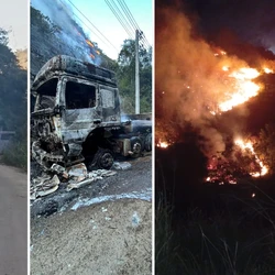 Incêndio iniciado após fogo em caminhão se espalhou pela vegetação e mobilizou bombeiros e aeronave do Notaer
