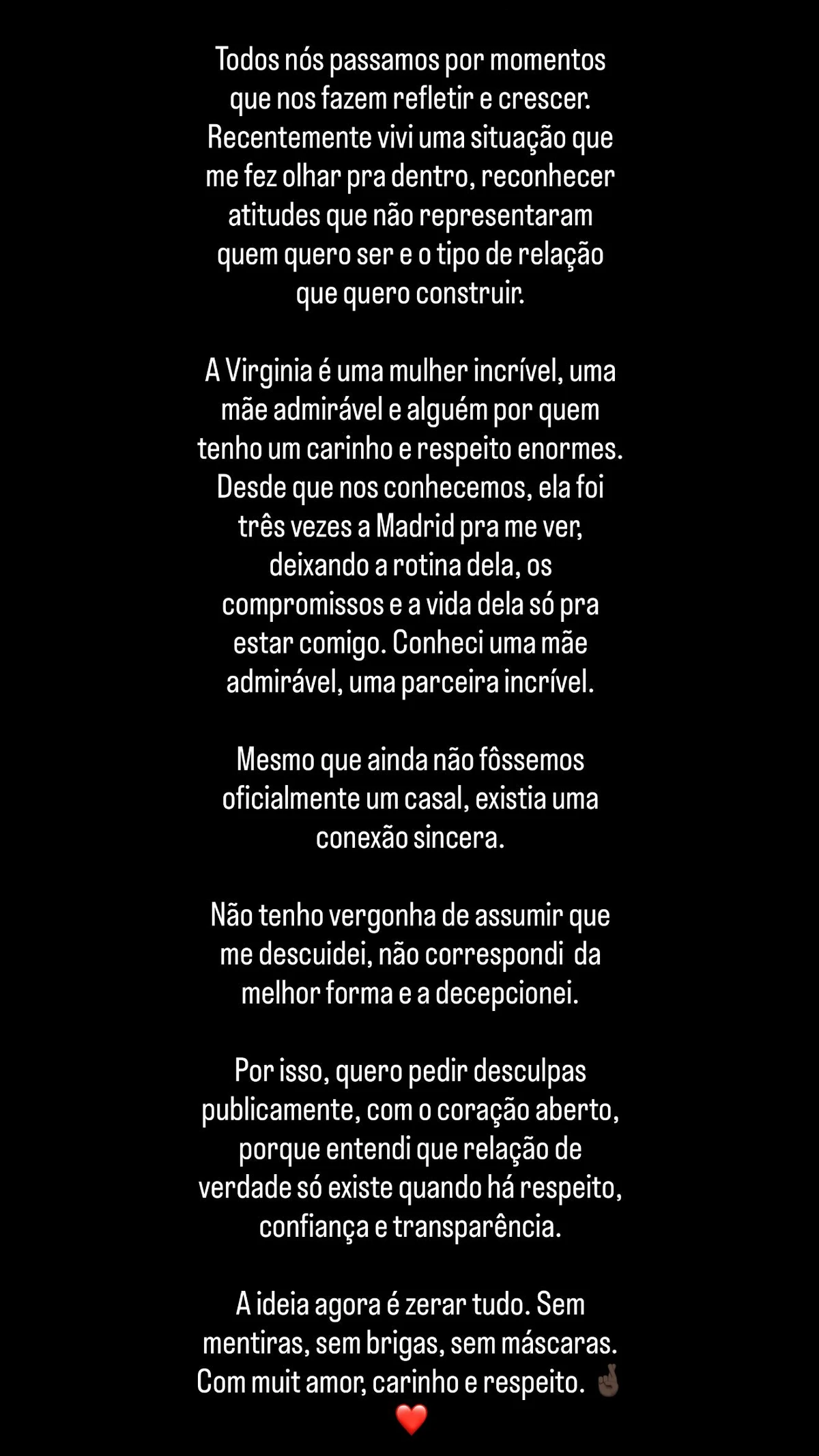 Vini Jr. fez um story se desculpando publicamente sobre caso com Virginia 